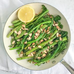 Pan-Roasted asparagus and baby broccoli sprinkled with toasted almonds 