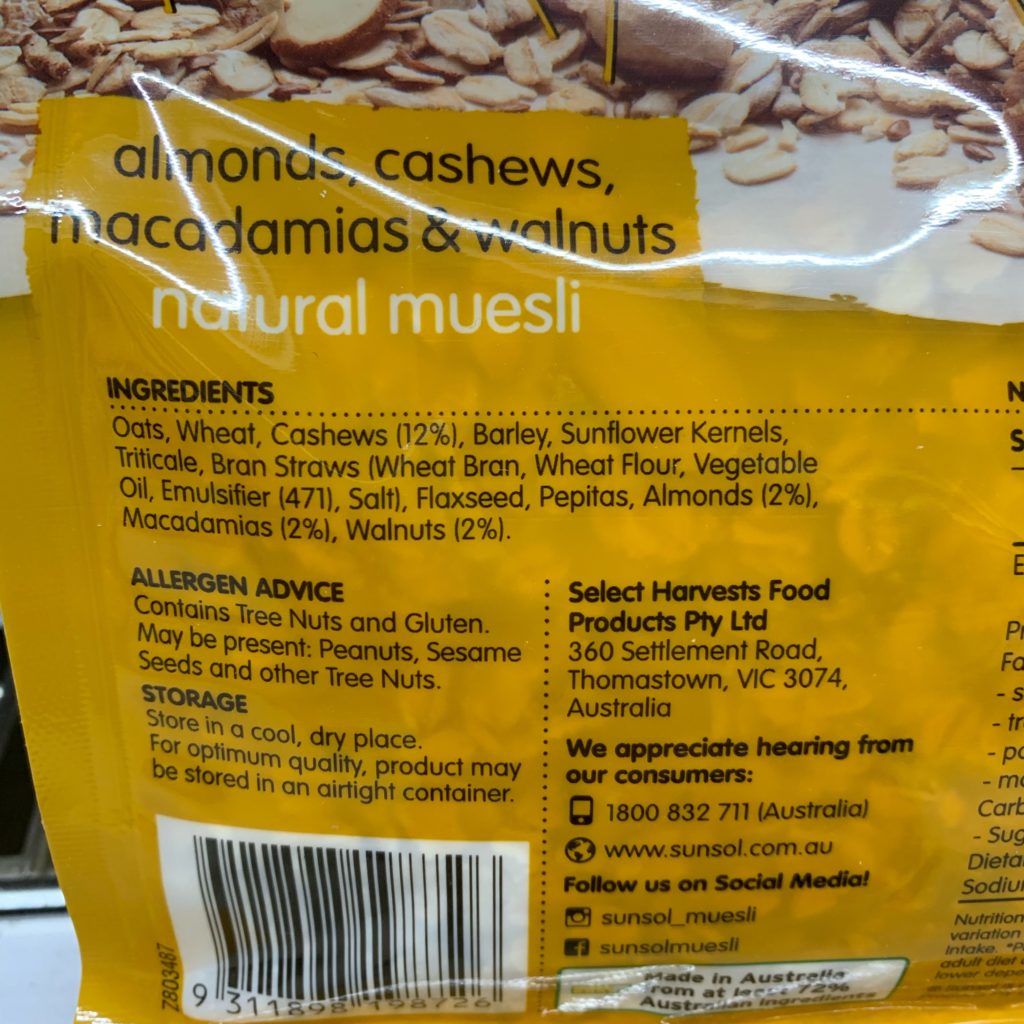 SunSol Muesli Ingrediets